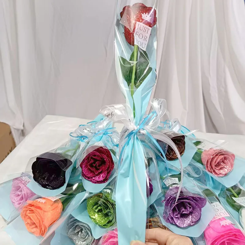 Mother's day Glitter rose 5/10/20/30pcs Blue Just for you single packed Artificial flowers gift for Birthday Wedding party favor