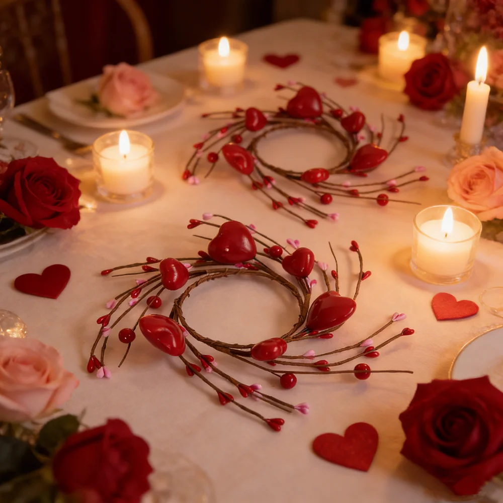 Roter Herz-Kerzenhalter zum Valentinstag, Kerzenringdekoration aus rotem Beeren, Valentinstag, Muttertag, Hochzeitsdekoration