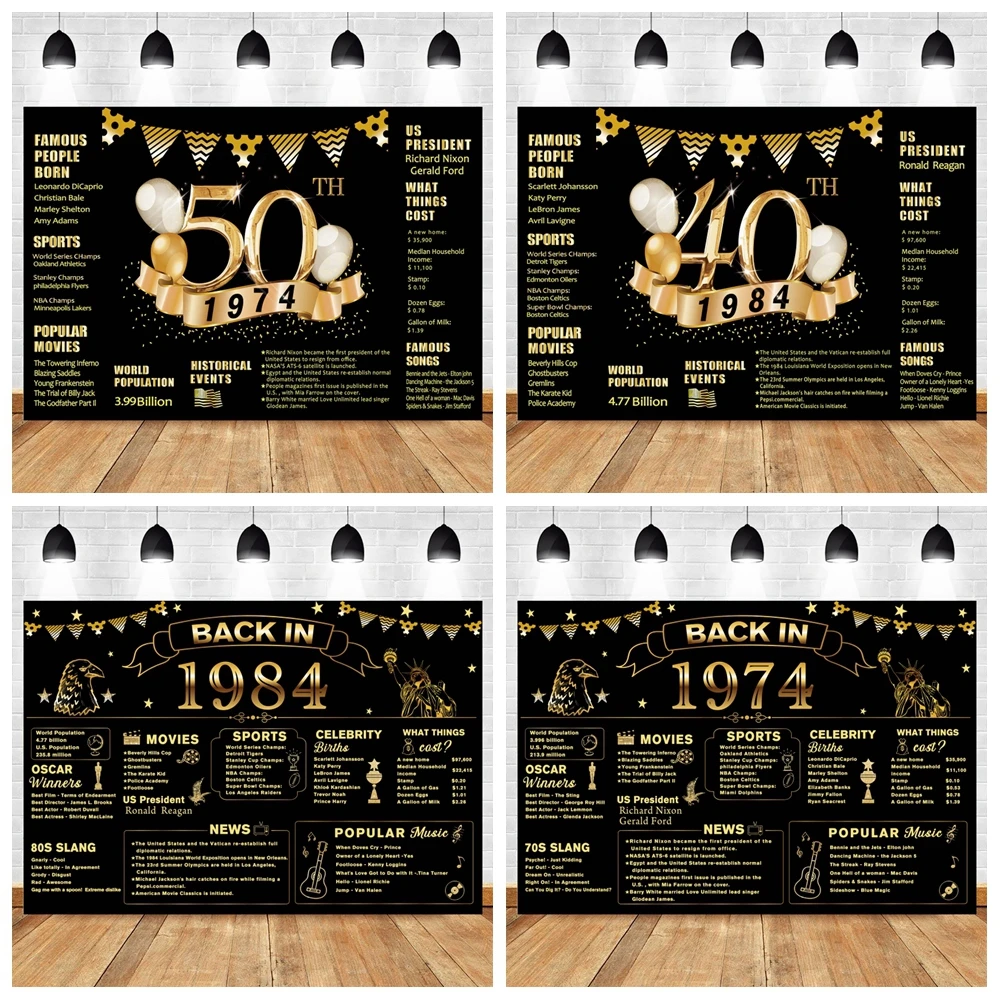 Back in 1974 1984 Photography Backdrop Black Gold 40th 50th Birthday Party Decor Banner for Women Men Background Photo Studio