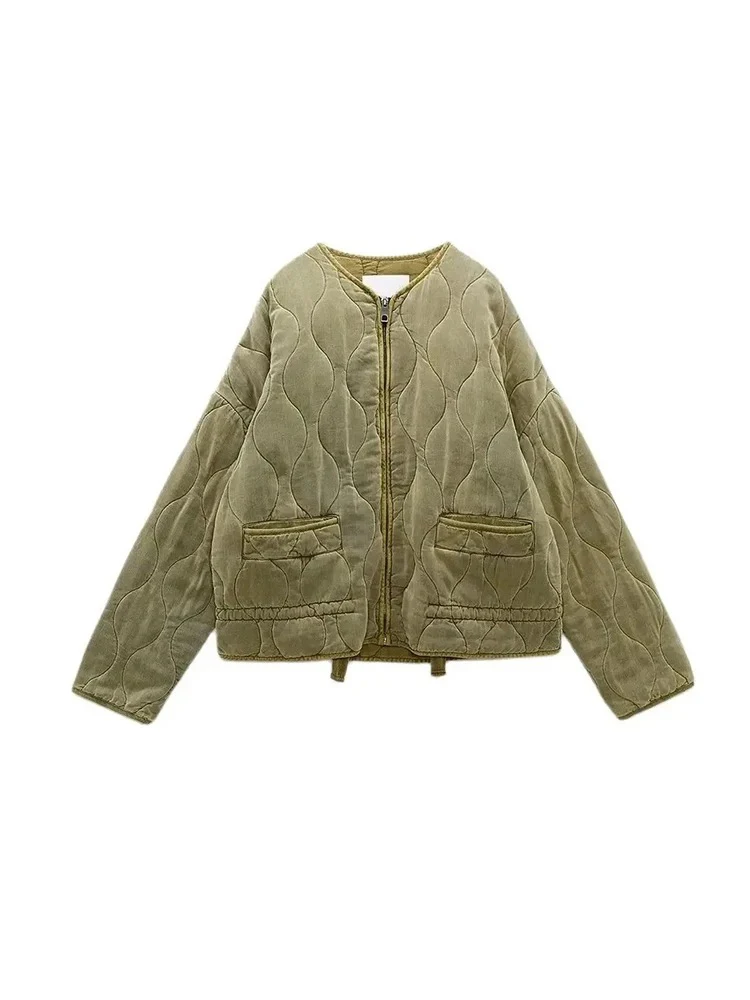 

Women's Diamond Pattern Cotton Jacket Round Neck Loose Long Sleeve Pocket Decorated Cotton Jacket Simple Casual Outerwear