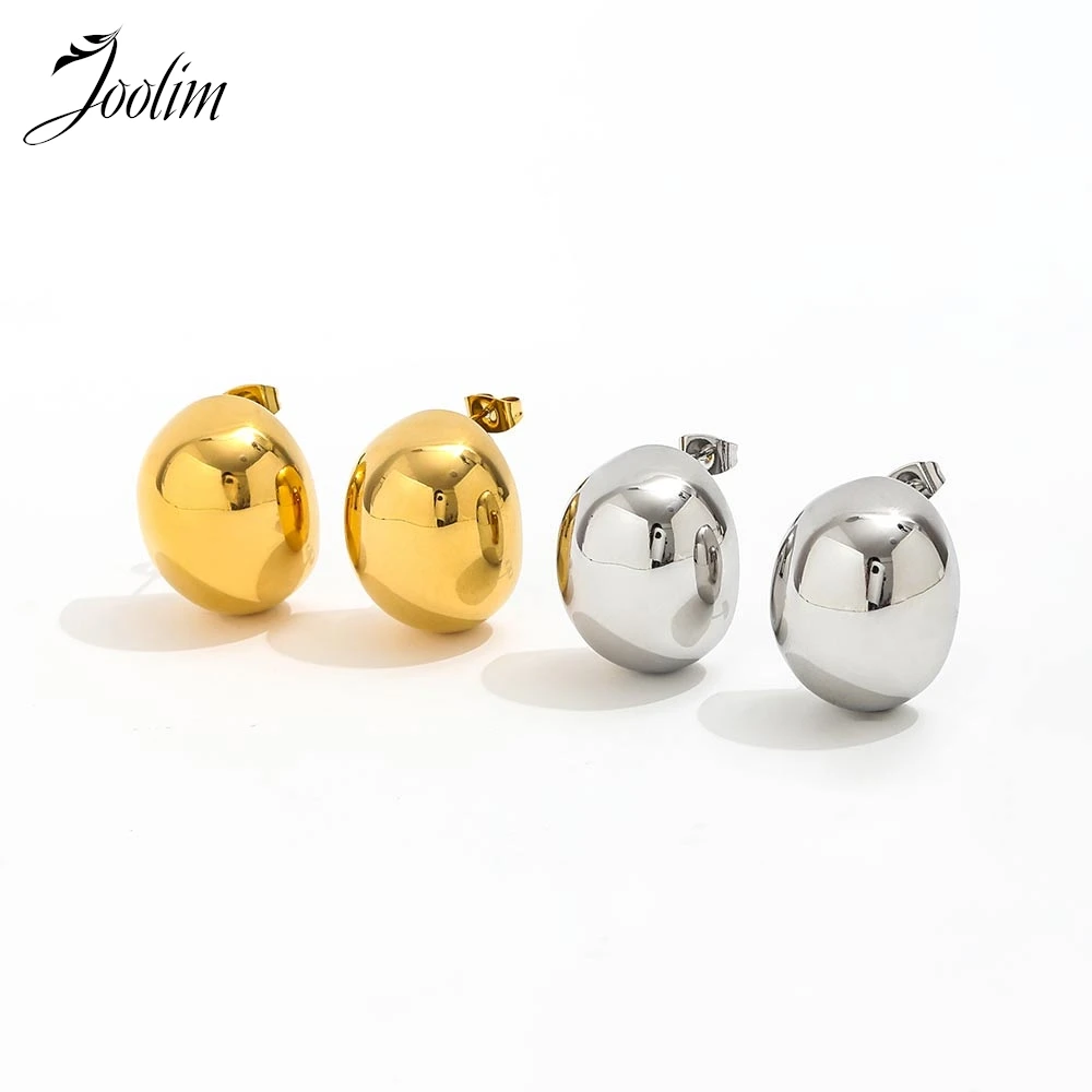 

Joolim Jewelry High Quality PVD Wholesale Waterproof Fashion Smooth Goose Egg Shaped Hoop Stainless Steel Earring for Women