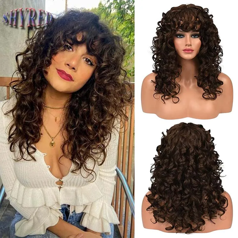 

16 Inches Ladies Bangs Curly Wig Long Chocolate Brown Curly Synthetic Wig for Woman Daily Use Party