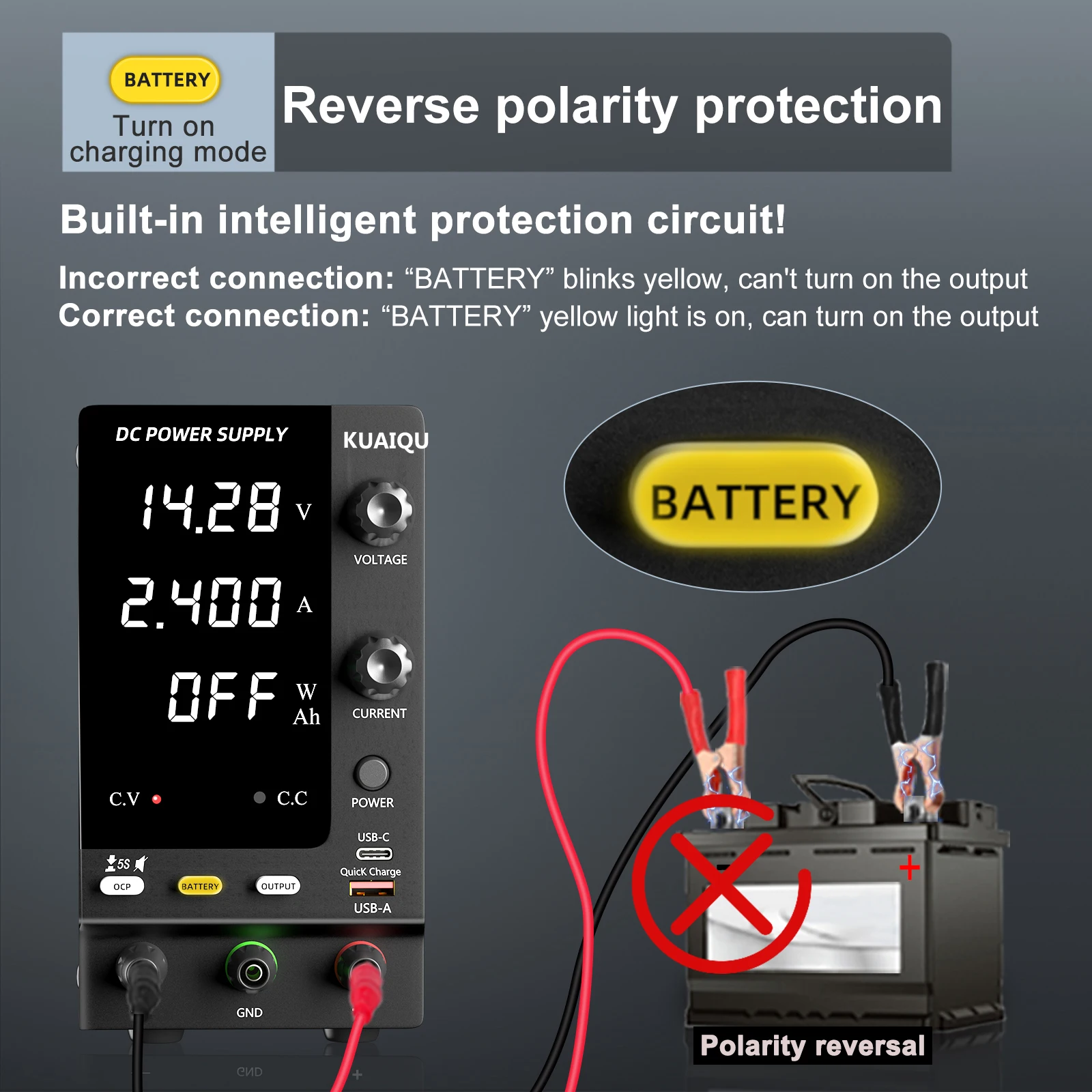 KUAIQU Adjustable Power Supply For Recharge, 6V 12V 24V LiFePO4 etc. Battery Charger, 32V 61V Regulated Lab Bench Power Supply