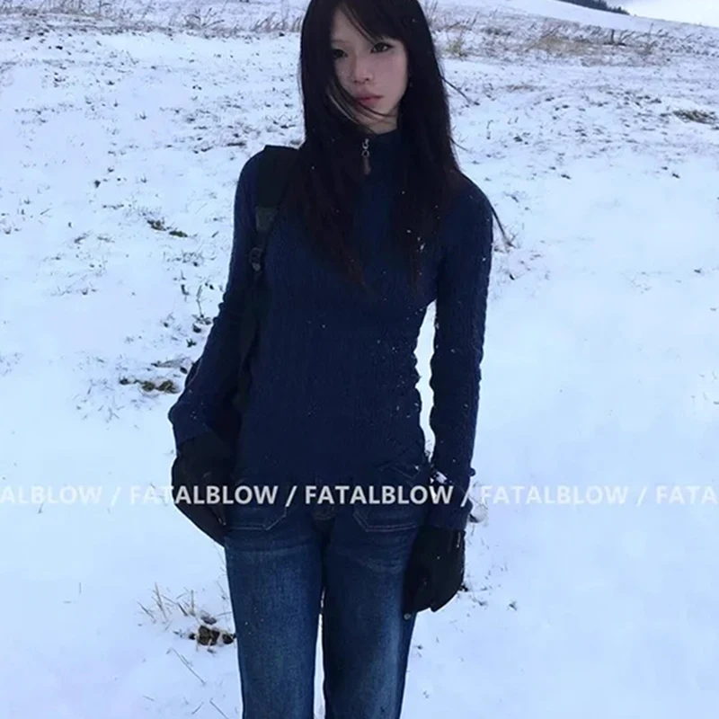 المرأة الكورية الأزرق الداكن محبوك سترة وهمية الرقبة طويلة الأكمام ضئيلة البلوز كابل أنيقة ربيع الخريف خمر الكلاسيكية الأعلى #2