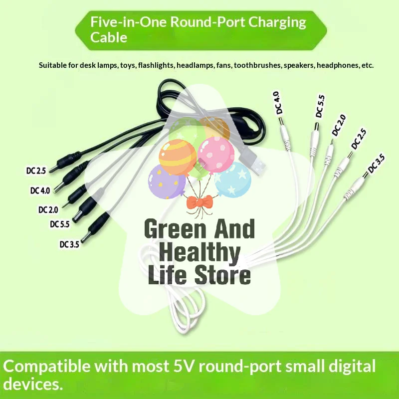 5 In 1 USB DC Charging Cable 1 Meter Multiple Plugs For Lamps Fans Toys Small Digital Devices