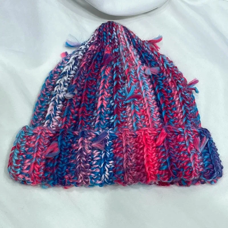Niche Colored Fringed Wool Beanie Hat Women\'s Autumn Winter Japanese Warm Ear Protection Contrasting Knitted Pacifier Hat
