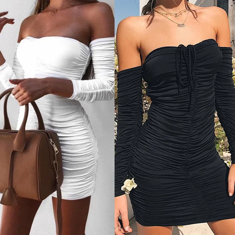 

Long Sleeve Pleated Sexy Women Y2K Clothes Elegant Bandage A Line Street Cute Casual Vestidos England Style Slash Neck Dress