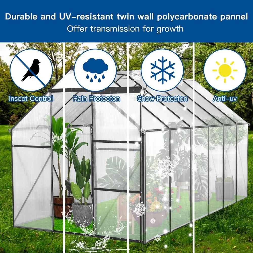 6x12 FT Polycarbonate Greenhouse Raised Base and Anchor,Adjustable Roof,Aluminum Heavy Duty Walk-in Greenhouses