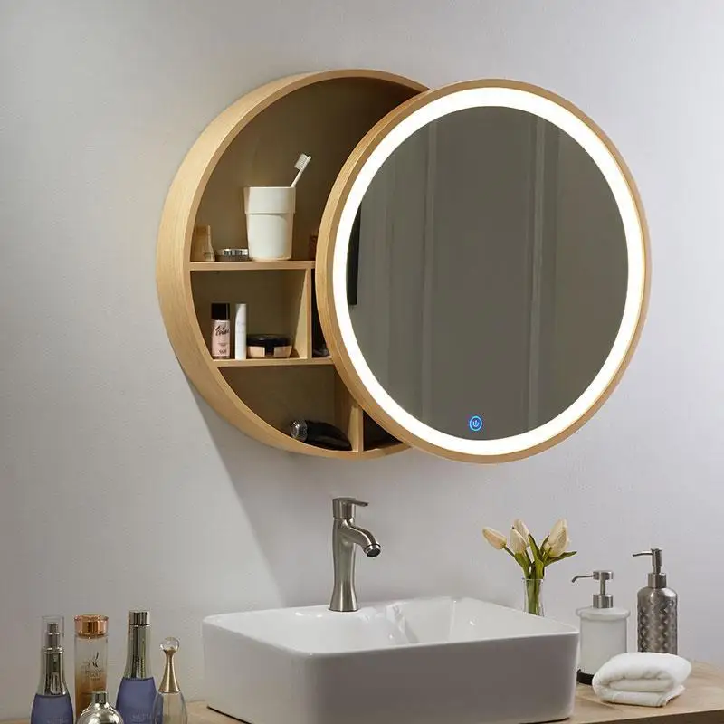 Sliding Mirror Cabinet Wall Mounted Toilet Bathroom Washstand Makeup Mirror with Light Defogging Bathroom Mirror Solid WoodRound