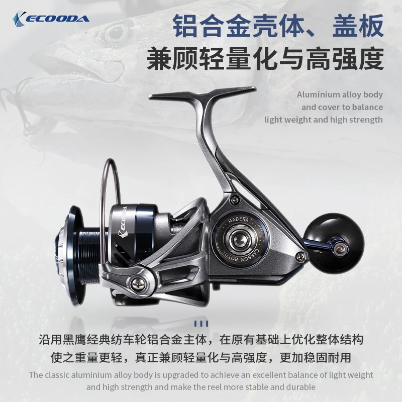 NEW ECOODA HADERA Spinning Fishing Reel 6000 8000 470g 4.3:1Ratio 10+1BB 15kg Drag Power Carbon Jigging Boat Reel For Saltwater