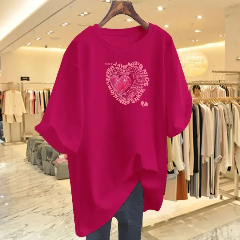 Women Fashion Love Printed Basics Tee Shirt Summer Short Sleeve Pure Cotton Casual Crew Neck Pullover Lady Top Tee