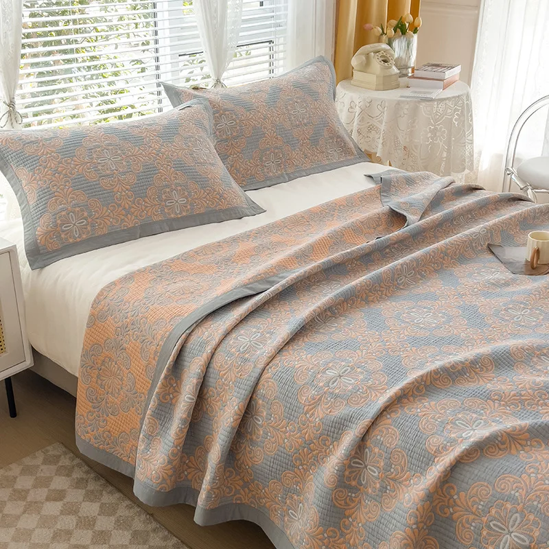 

100% Cotton 3-Layer Gauze Blanket Bed Cover Vintage Jacquard Gauze Throw Towel Quilt All Season Universal
