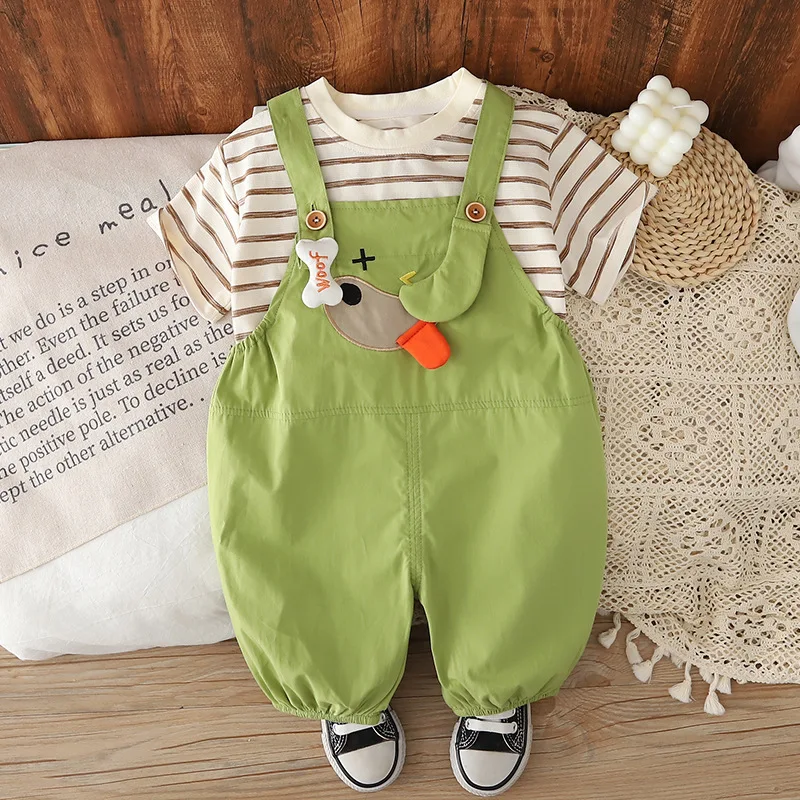 Toddler Baby Boys 2Pcs Summer Outfit Striped Short Sleeve Tee 3D Cartoon Dog Bone Decor Green Loose Overalls Set