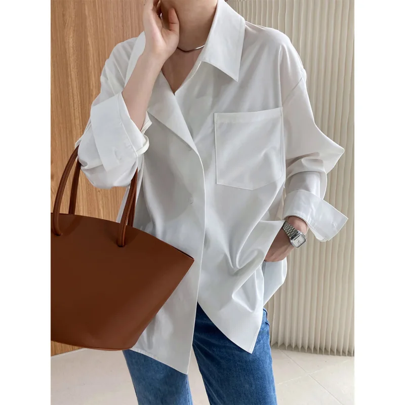 Loose pocket front white shirt Women's 2022 spring new design back button shirt