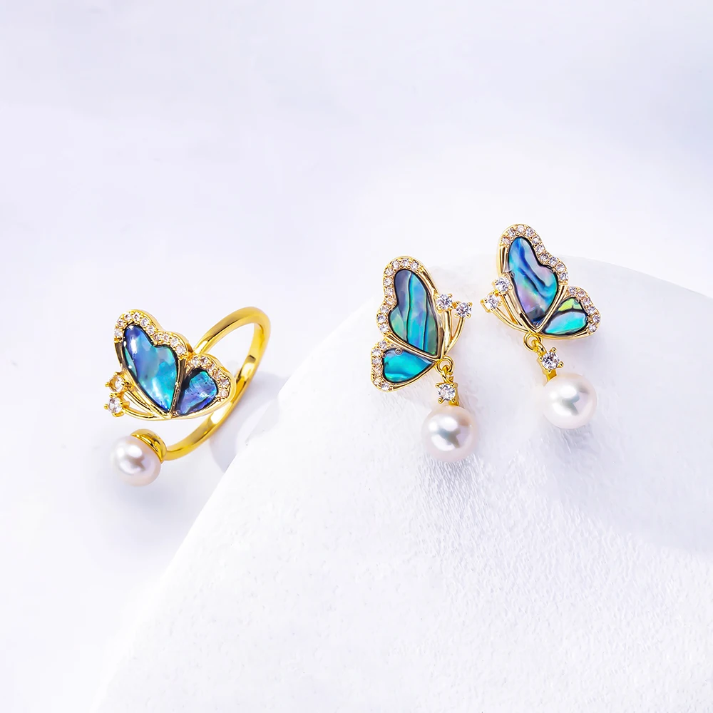 2 Piece Set Natural Freshwater Pearl Abalone Shell Butterfly Shaped Vintage Earrings Ring Ladies Birthday Gift