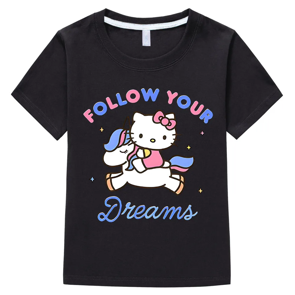 Summer Kids T-shirts Cartoon Follow Your Hello Kiitty T-shirt Toddler Girls Kawaii Short Sleeve T Shirt Cotton Tee Tops Graffiti