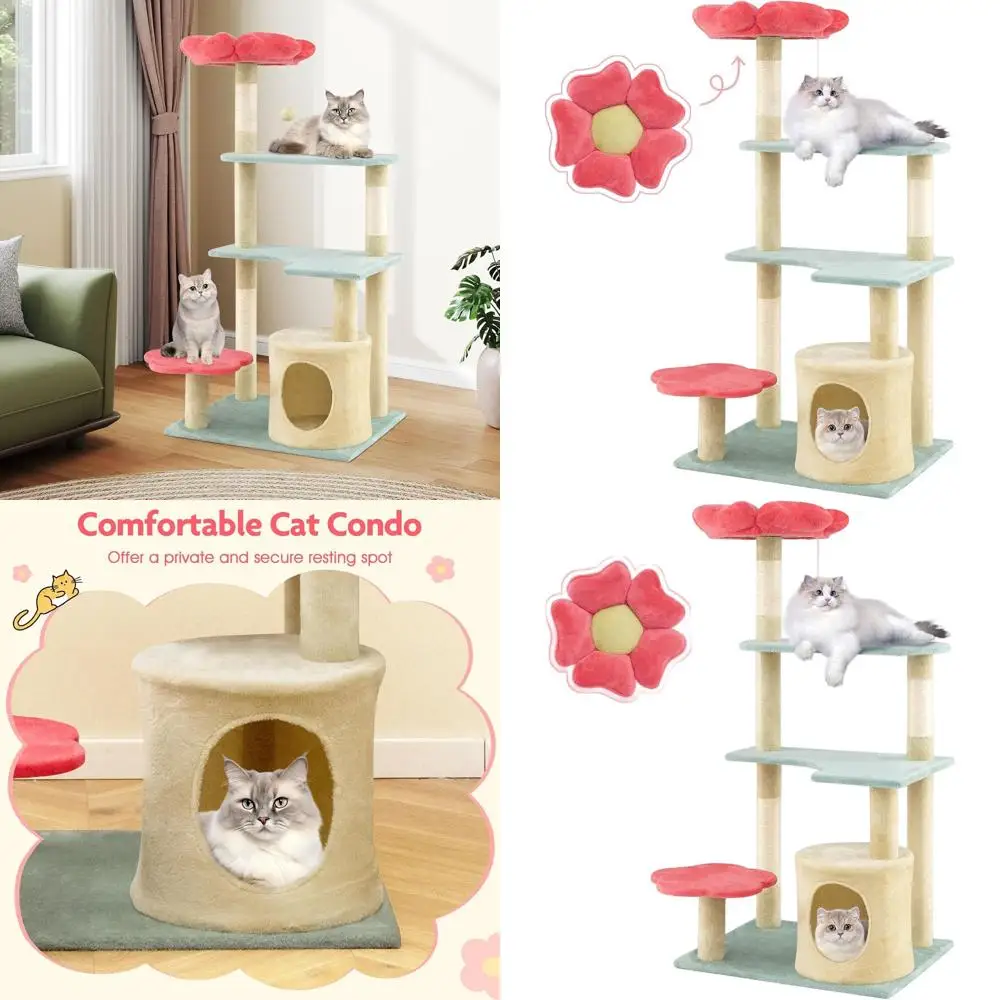 

Многоуровневая эстетичная цветочная когтеточка-башня 49 в 1 с плюшевой лежанкой, домиком, когтеточками и подвесным мячиком для домашних кошек