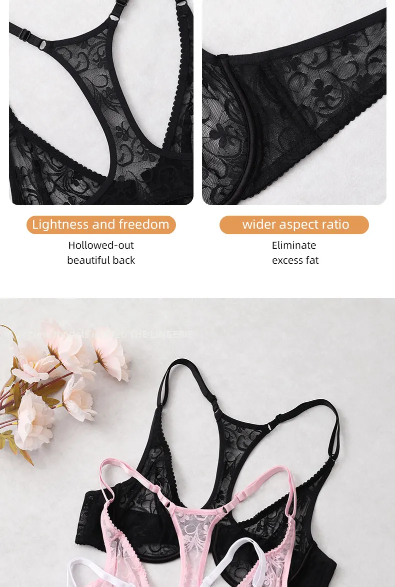 Damen-BH mit Spitze und Knöpfen vorne, Bügel-Unterwäsche, BH-Tops, elegante Stickerei, schöner Rücken, Übergröße, Dessous, Körbchengröße A B C D E F – Detail 11