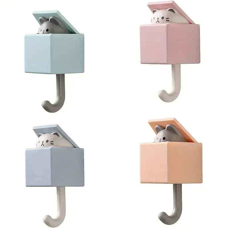 Cartoon Cute Cat Hooks Non-marking Strong Adhesive Hooks No-hole Hanging Clothes Hook Behind The Door Wall Hooks Key Hanger