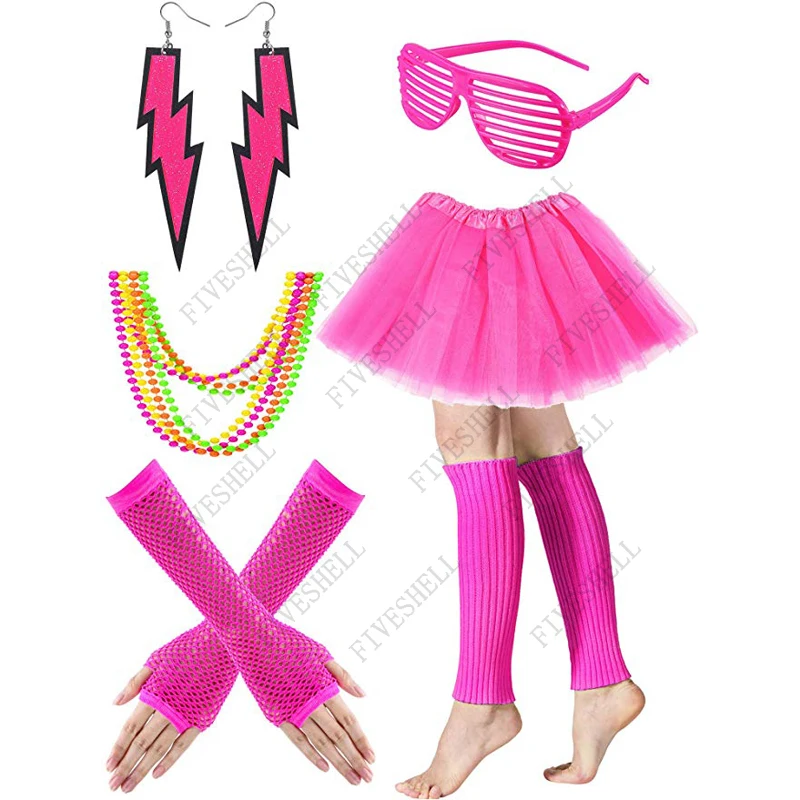 80s Fancy Dress For Women 1980s Fancy Party Costume accessori Set collana al Neon bracciale orecchini guanti a rete scaldamuscoli