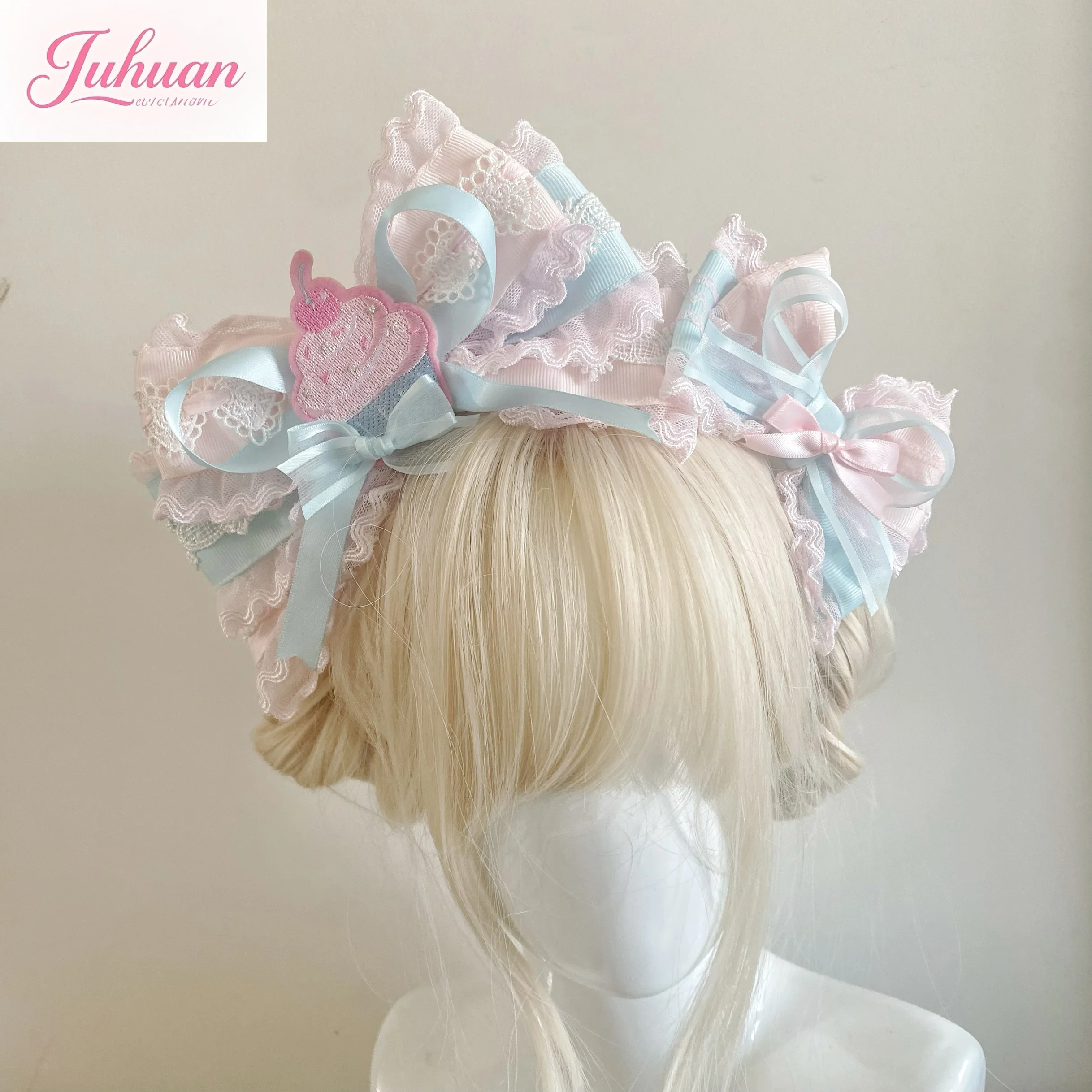 

Японская ручная работа, розовая и синяя повязка на голову с бантом для торта, головной убор в стиле Лолиты, троянский конь, милые аксессуары для милых девочек Kc