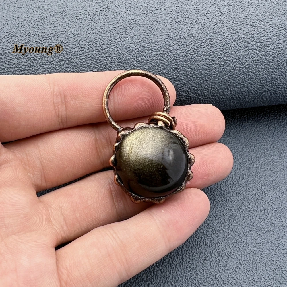 10PCS Soldered Bronze Plated Egg Shape Natural Stone Golden Obsidian Vintage Necklace Pendant MY230849