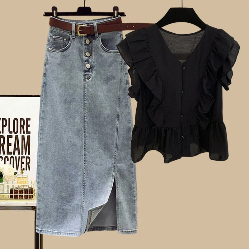 

plus Size Summer Outfit Black Ruffle Hem Chiffon Top And Half Skirt Two Piece Set Conceal Meat Slimming Korean Style Casual Wear