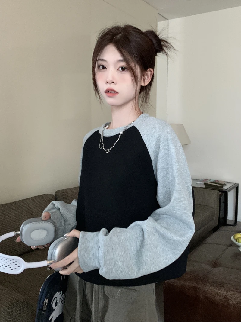 

Женские толстовки Polerones Woman Splice Расслабленные стили подкладки Корейский стиль с круглым воротником Для взрослых Женщин Кошелек Премиум на каждый день