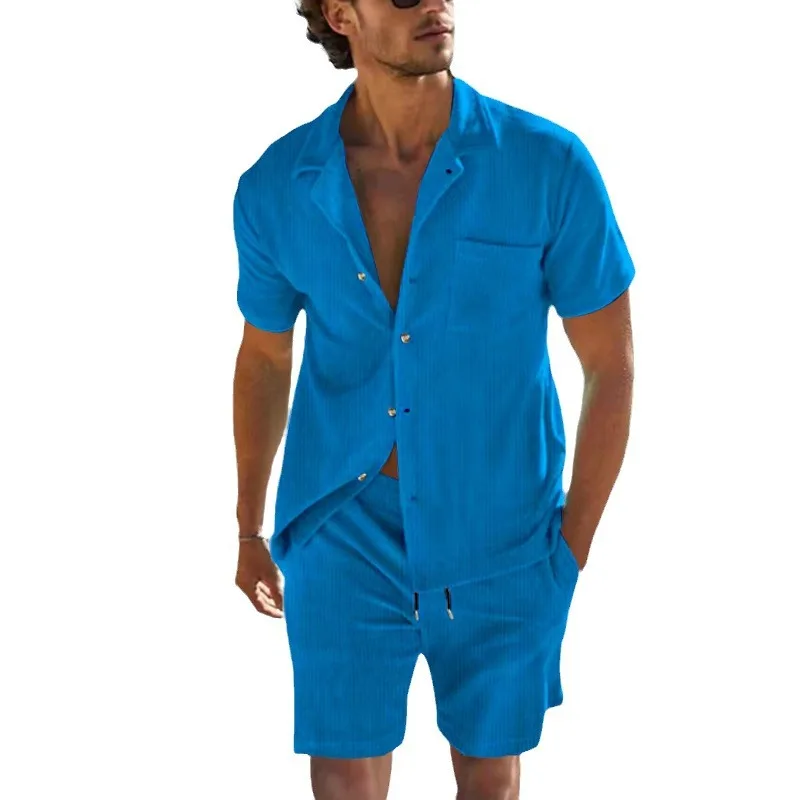 2024 European and American men\'s new casual and comfortable button-down lapel shirt short-sleeved shorts suit