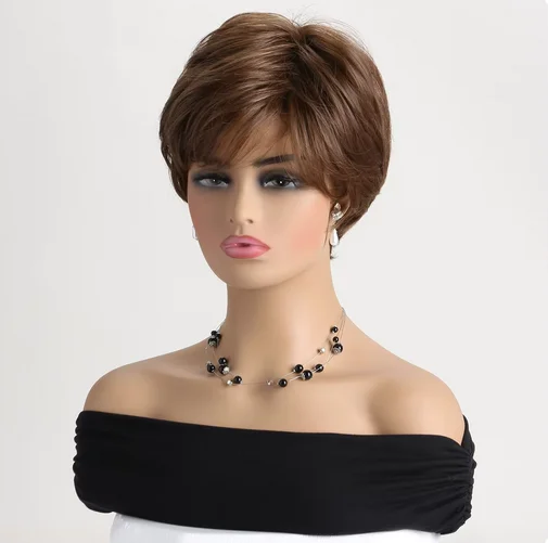 Short Natural Synthetic Wig with Bangs Soft Hair Daily Use Short Brown Ombre Curly Hair Costume Party Wig for Women