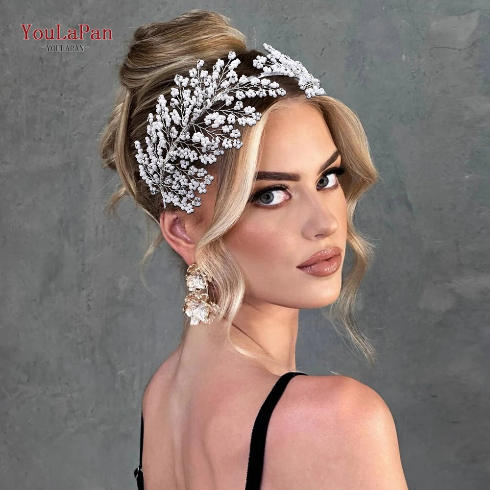 

YouLaPan Bride Handmade Beaded Headwear Ornaments Wedding White Color Pearl Hair Hoop Wedding Banquet Headdress Accessorie HP644