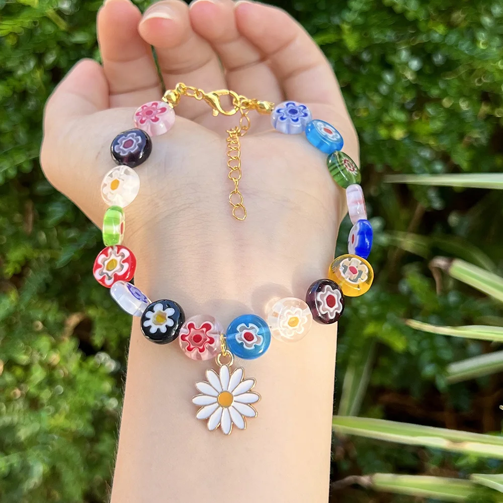Murano Millefiori Multicolor Glass Beaded Bracelet White Daisy Charm Adjustable Extension Chain Bohemian Wrist Jewelry Women Gif