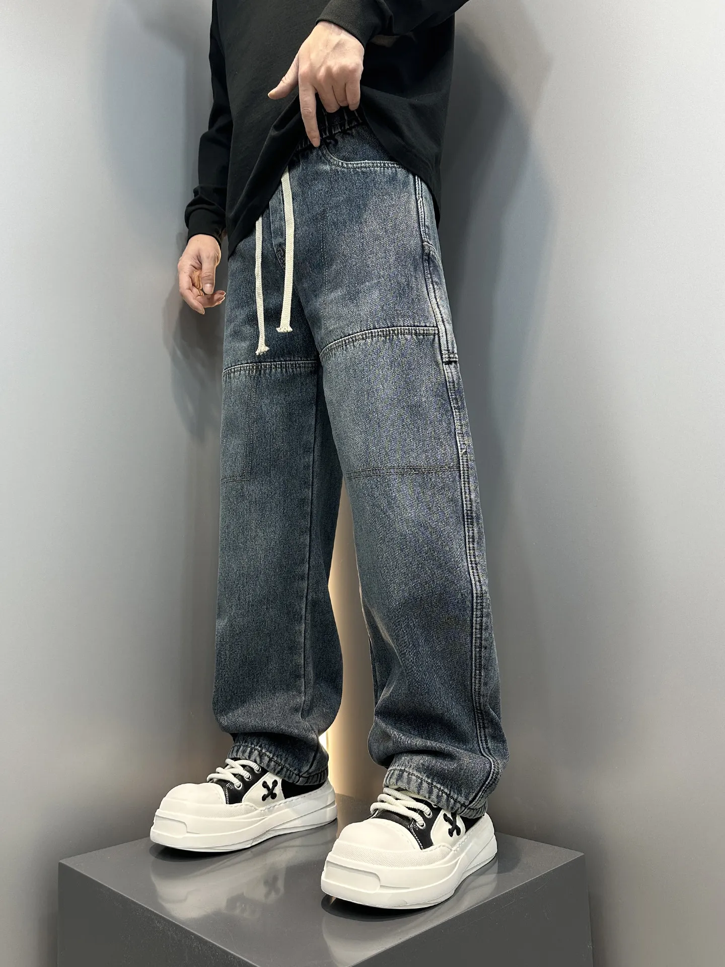 

Мужские джинсы в стиле ретро с американским пэчворком, свободные, широкие, повседневные, длинные брюки, весна-осень, новые, универсальные, удобные, комфортного кроя