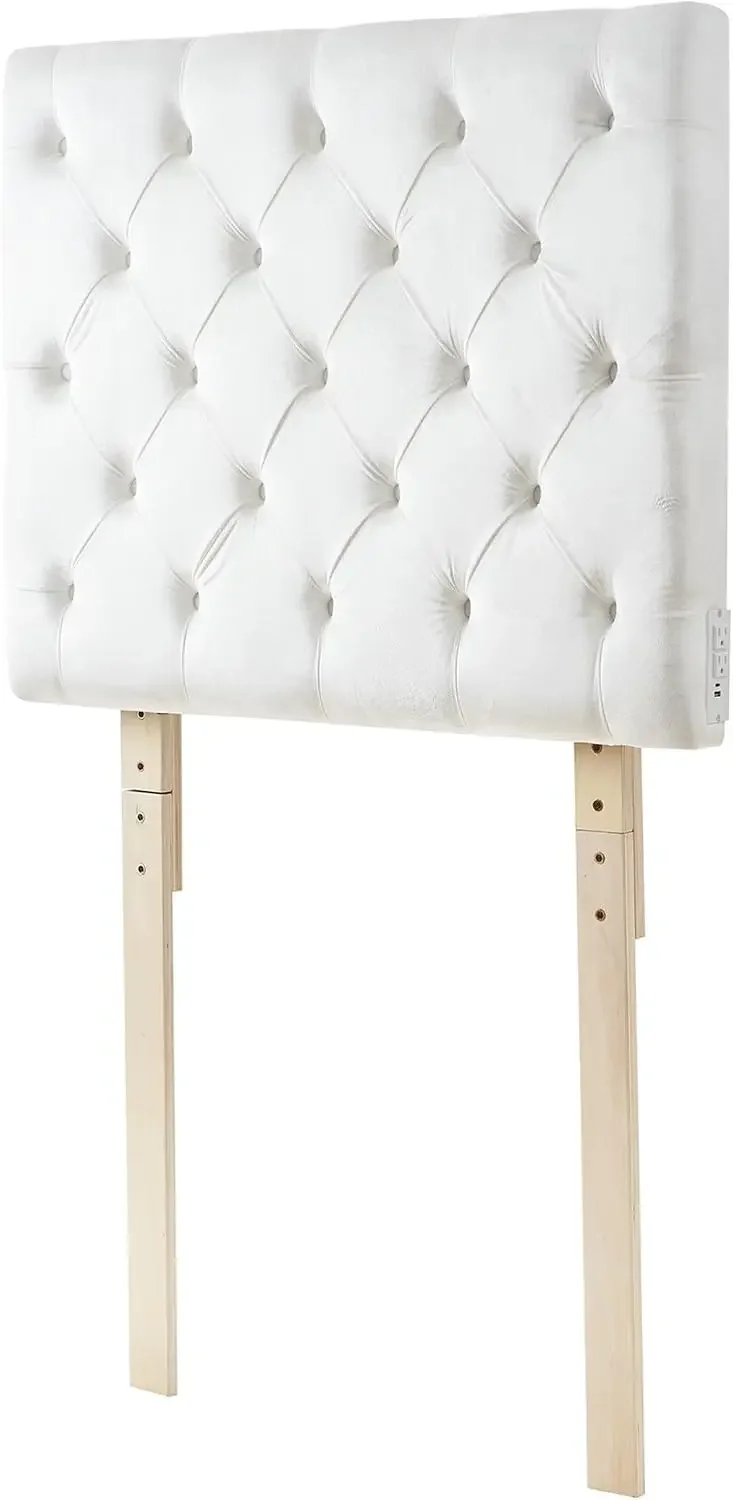 Tufted Velvet Plush College Dorm Right Side Outlet Headboard with Legs | White. Essential Dorm Supplies for College Freshmen Nec