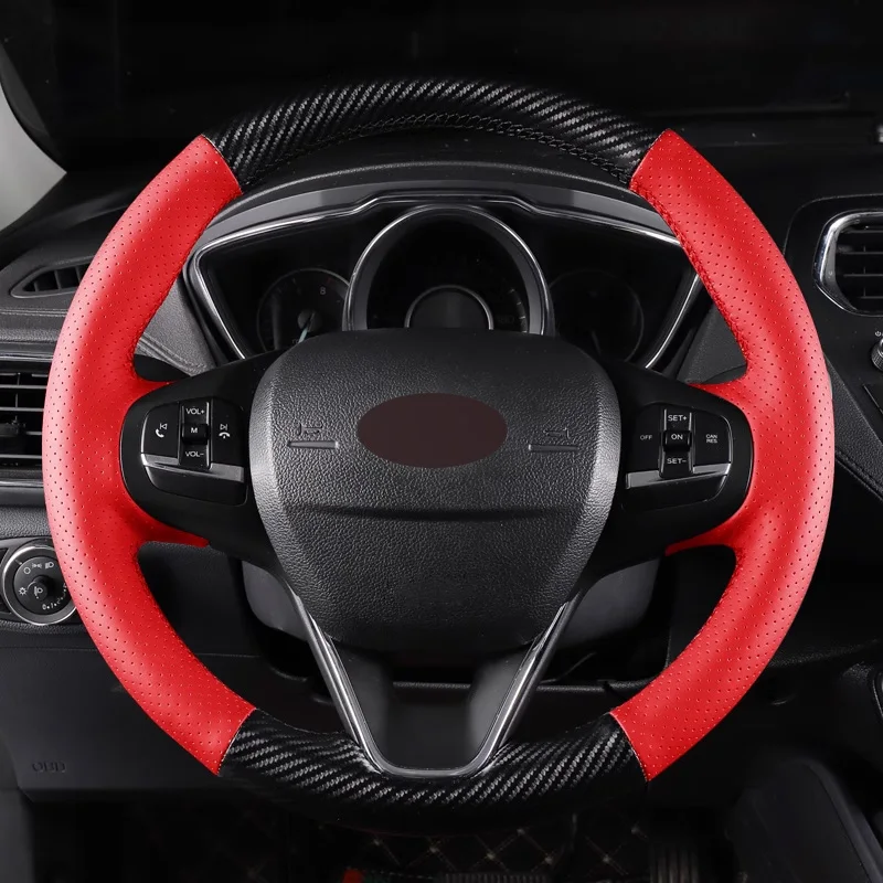 DIY Matt Carbon Fiber with Red Perforated Leather Full Wrap Car Steering Wheel Cover Car Accessoires for Ford Focus Edge Escort