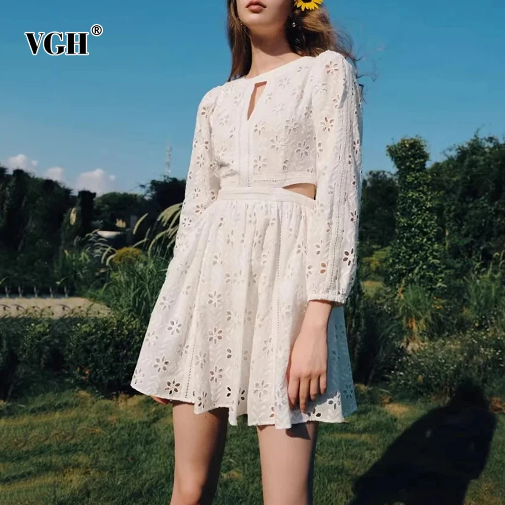 

VGH Hollow Out Slimming Elegant Solid Dresses For Women Round Neck Long Sleeve High Waist Spring Temperament Short Dress Female