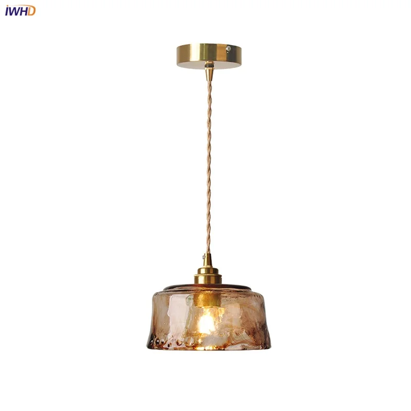 

IWHD Loft Style LED Pendant Lamp Balcony Dining Room Kitchen Light Amber Glass Wire Adjustable Copper Hanging Lights Hanglampen