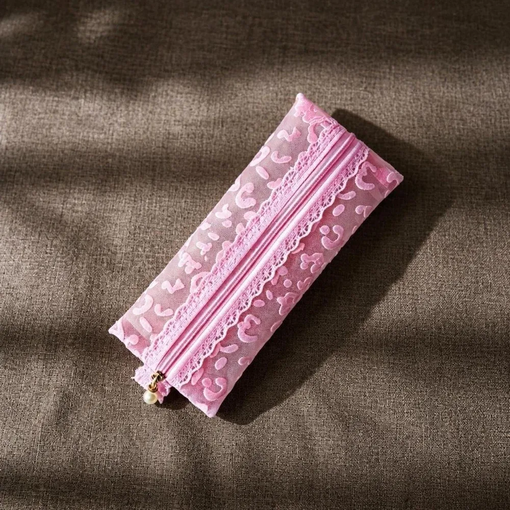 Compact Mesh Makeup Bag Leopard Lace Portable Pencil Pouch Pink Compact Cosmetic Pouch Eyebrow Pencil