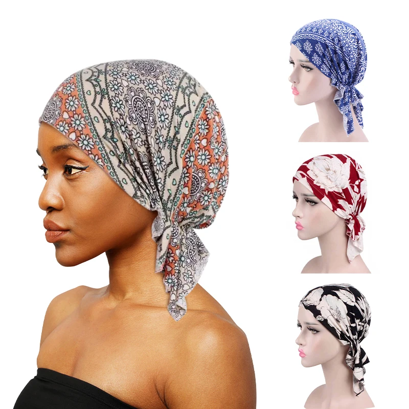 Muslim Pre-Tied Style Cotton Turban Hat Headscarf Ladies Floral Print Bandanas Soft Headwear Hair Loss Cancer Chemo Cap Turbante