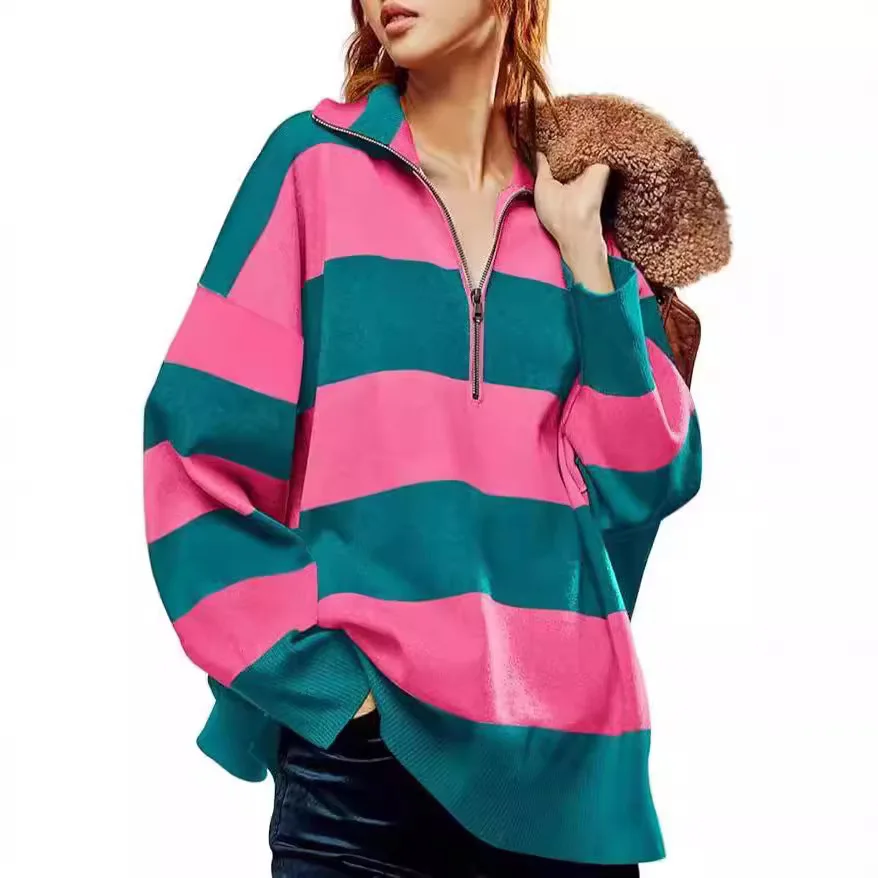 Europe and The United States New Fashion Striped Half Zipper Turtleneck Casual Patchwork Knitted Loose Pullover Sweater Women