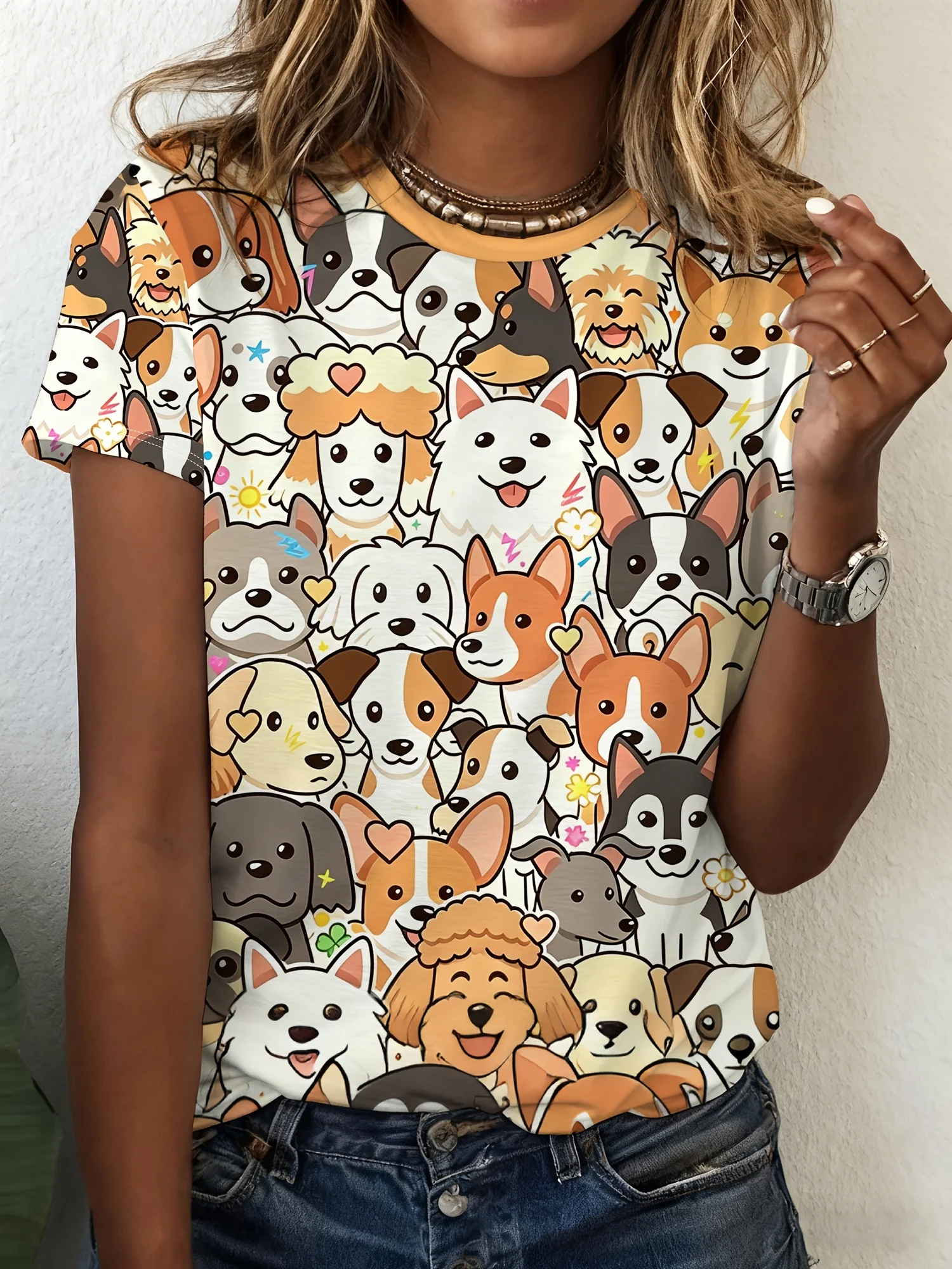 Women's T-shirt Cute Cartoon Multi Dog Breed Print Round Neck Short Sleeve Trendy Streetwear Summer Daily Casual Ladies Clothing