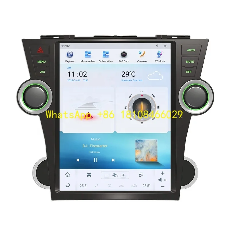 راديو سيارة 12.1 بوصة يعمل بنظام أندرويد 11 لسيارة تويوتا هايلاندر 2007-2012 نظام ملاحة GPS مع Carplay Dsp 4G Google Play