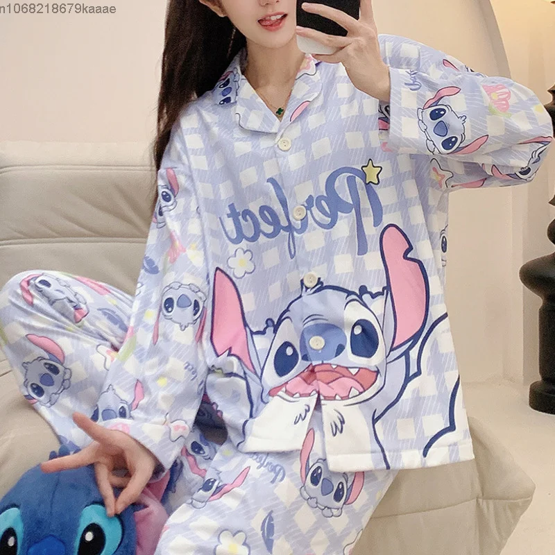 Stitch Cartoon Korean Version Cute Pajamas Set Women New Long Sleeved Fashion Sleepwear Y2k Sweet Girl Style Casual Home Clothes