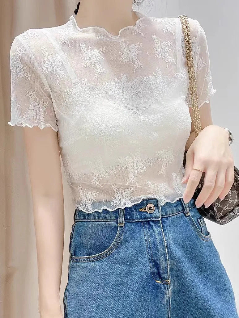 

Lace Hollow out ort Sve T-irt Women's Summer ter Dr Me Inner Sun Protection Cover up Faion ort Top