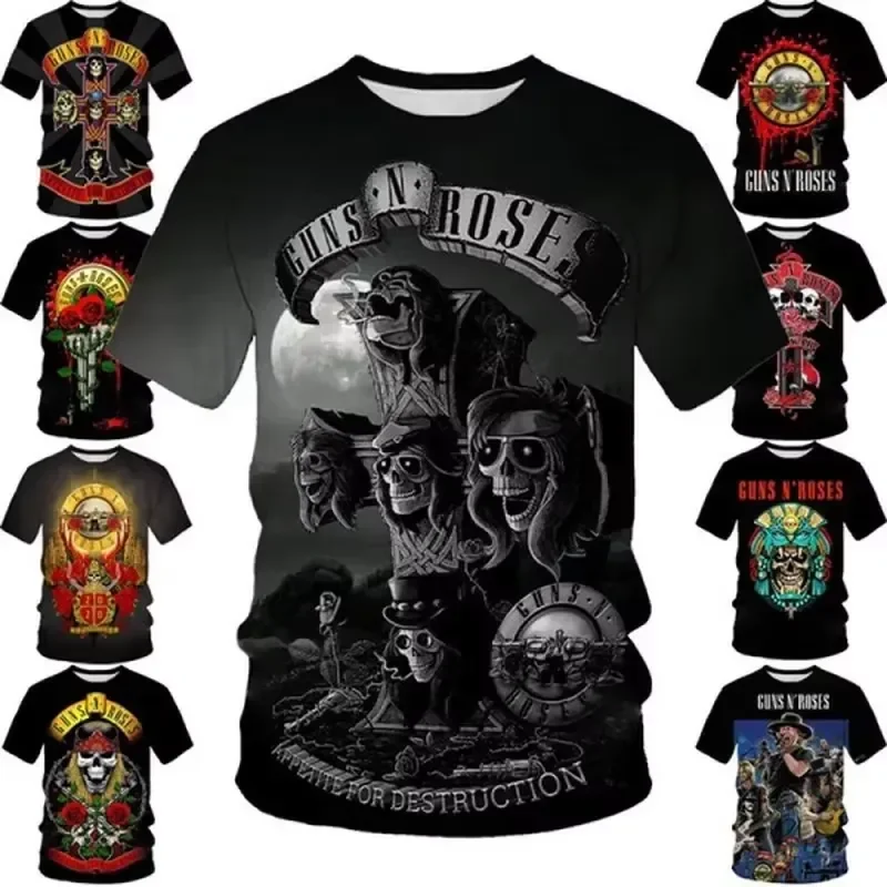 2026 Summer New Guns N Roses Rock Band 3D Print T Shirt Men Women Short Sleeve Hip Hop Punk Skull Casual Round Neck Tee Top