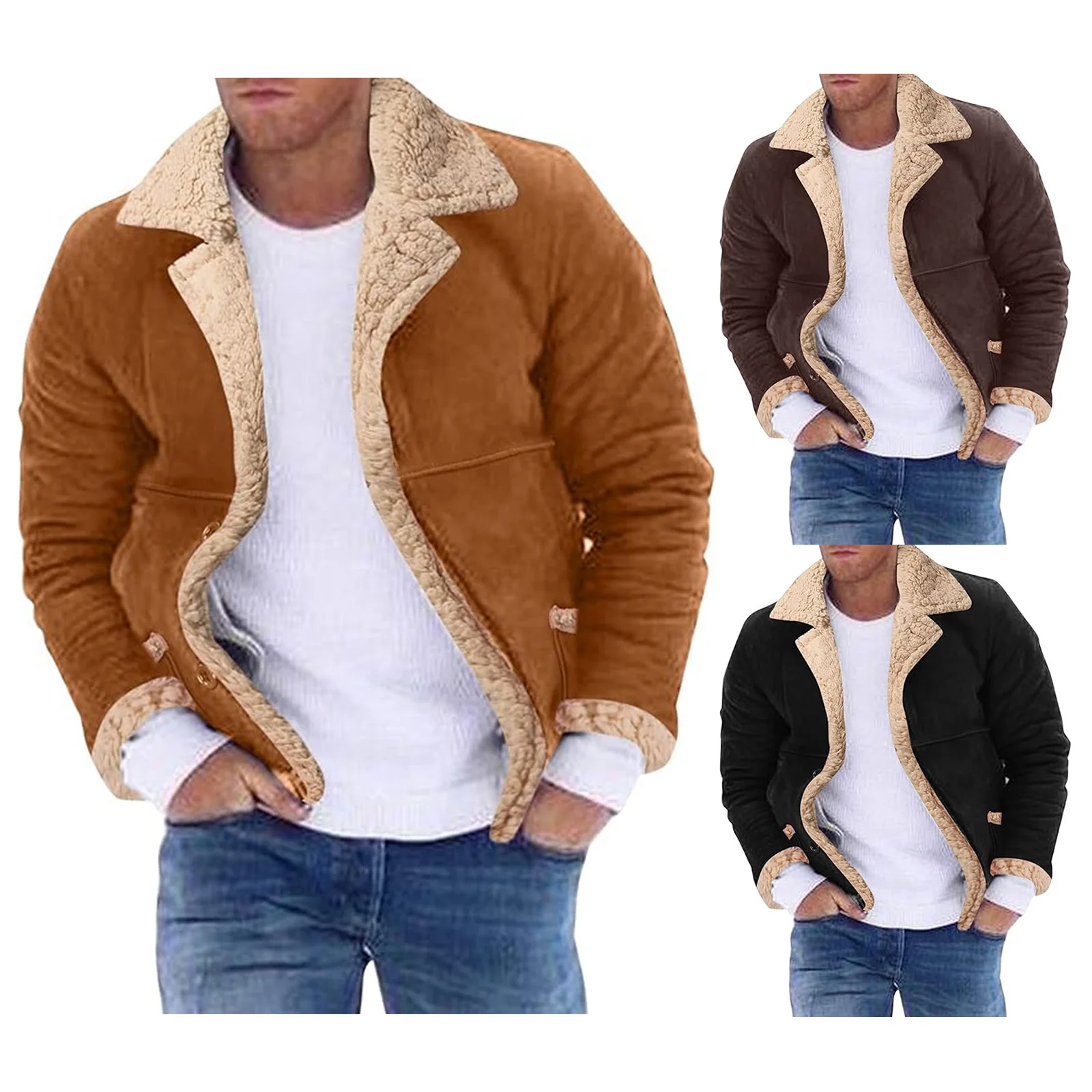 Men's Thick Warm Button Down Turn Down Collar Long Sleeve Casual Coats Winter Fleece Jackets