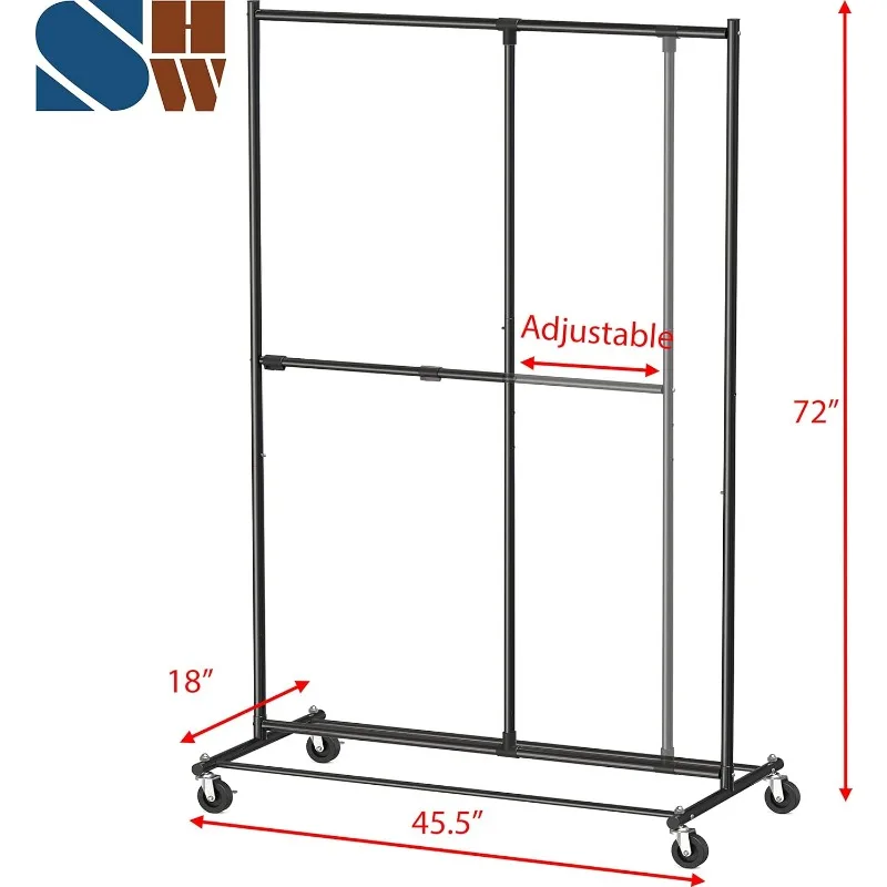 Dual Bar Adjustable Garment Rack, Black, 72-inch Height