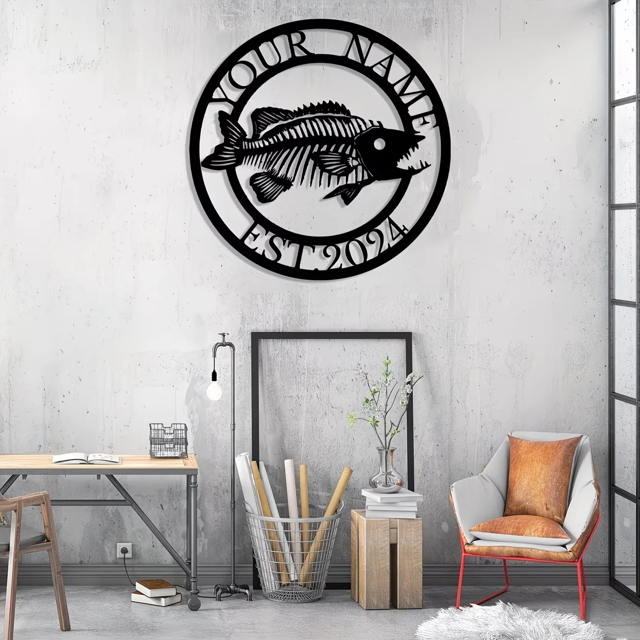 Custom Fish Metal Name Sign With Fishing Rod, Custom Bass Fishing Metal Wall Art, Multipurpose Cave Sign For Fishing Enthusiasts