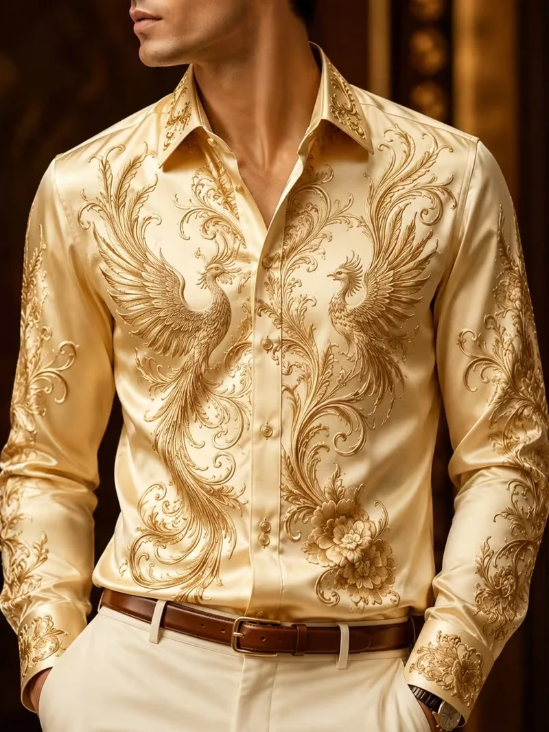 New men's gilded patterned crescent rolled grass ethnic composite printed long sleeved shirt with smooth lapel top