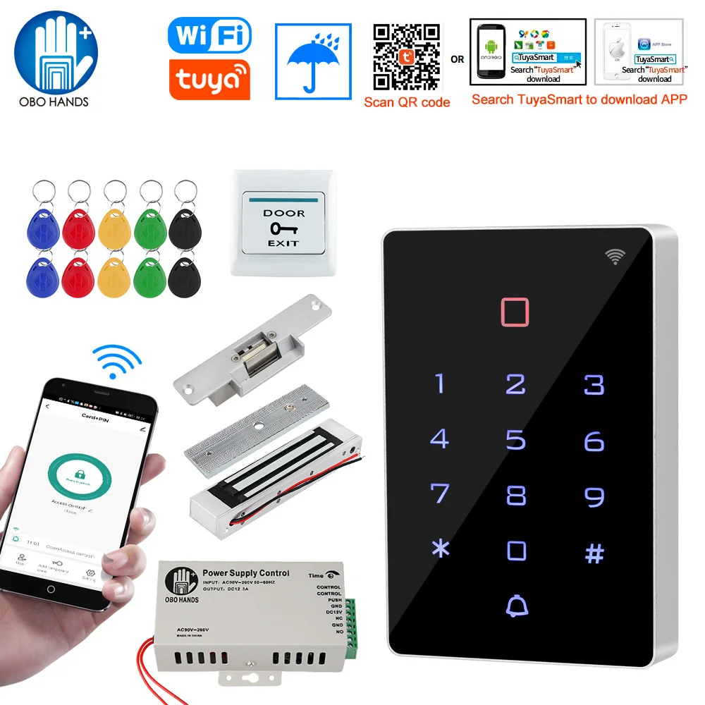 

Wifi Tuya RFID Access Control System Waterproof Controller Keypad + Electric Door Locks DC12V Remote Control with 125KHz ID Card